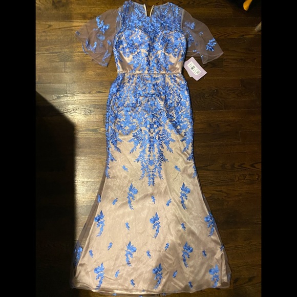 NWT Formal Floral Embroidered Long Mermaid Evening Gown w French Blue Lace - Picture 3 of 9
